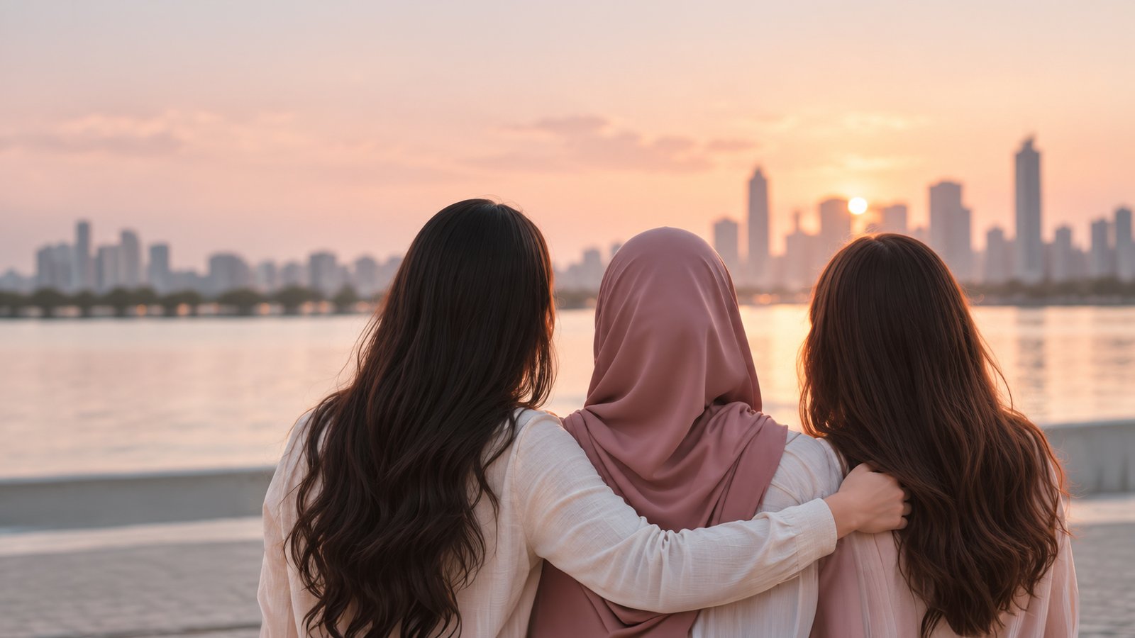 Three women supporting each other by the water